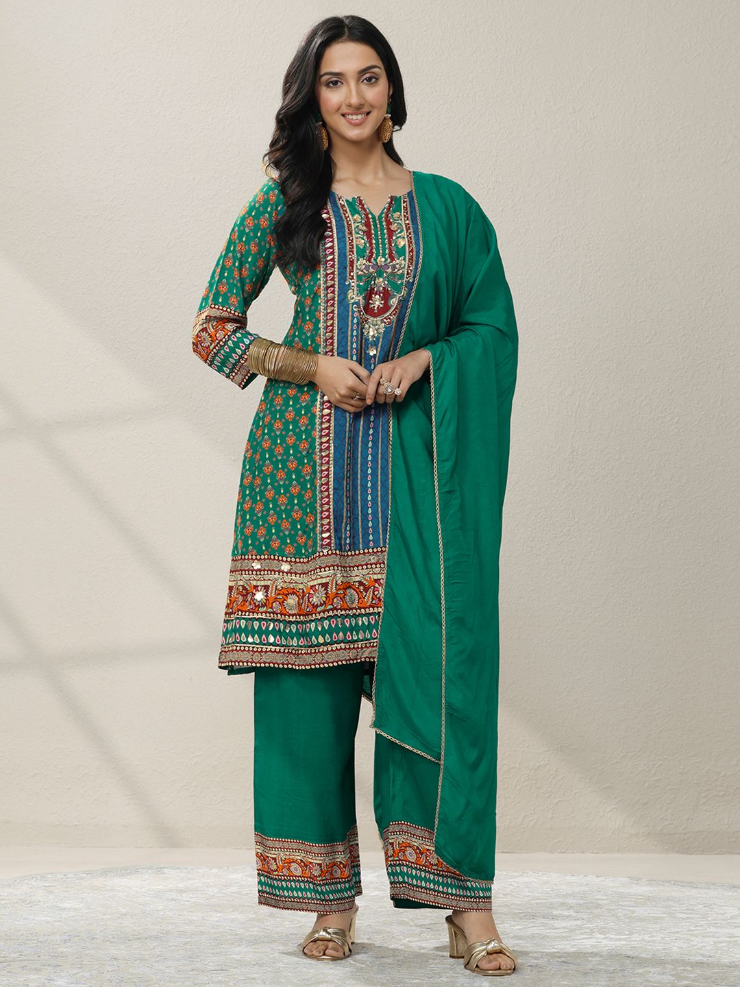 Dhiyona LL Women Ethnic Motifs Printed Regular Mirror Work Kurta with Palazzos & With Dupatta
