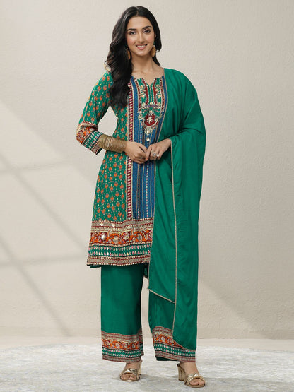 Dhiyona LL Women Ethnic Motifs Printed Regular Mirror Work Kurta with Palazzos & With Dupatta