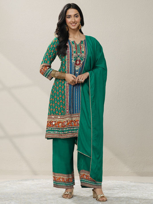Dhiyona LL Women Ethnic Motifs Printed Regular Mirror Work Kurta with Palazzos & With Dupatta
