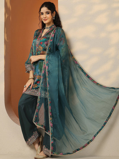 Women Floral Printed Regular Thread Work Kurta with Palazzos & With Dupatta