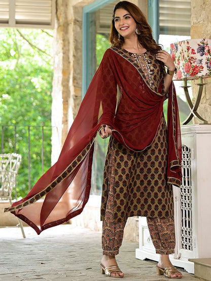 Dhiyona KL Floral Printed Pure Cotton Straight Kurta with Salwar & Dupatta