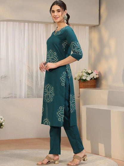 Teal Green Bandhani Printed Cotton Straight Suit Set