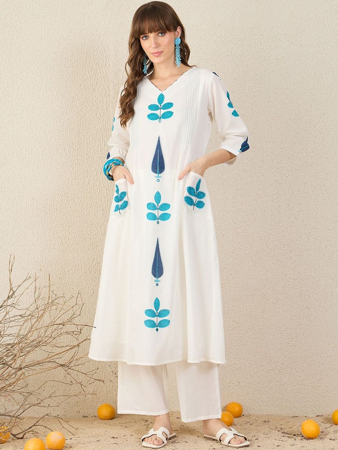 Dhiyona IE Floral Printed Panelled V-Neck Mirror Work A-Line Pure Cotton Kurta with Palazzos