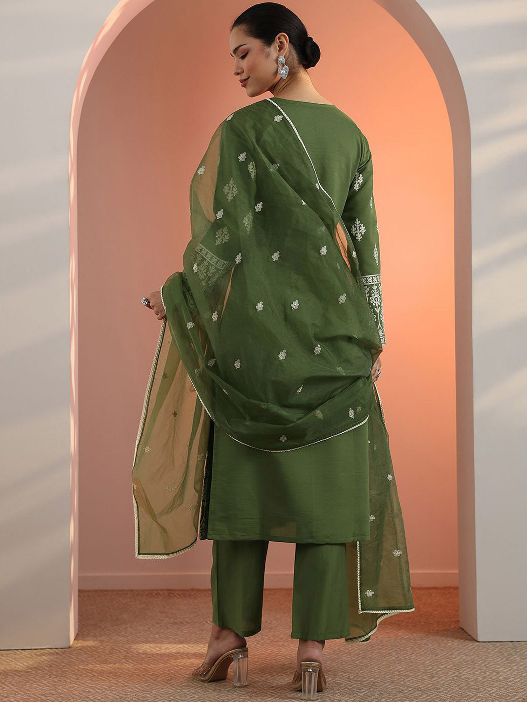 Floral Embroidered Straight Kurta With Trousers & Dupatta