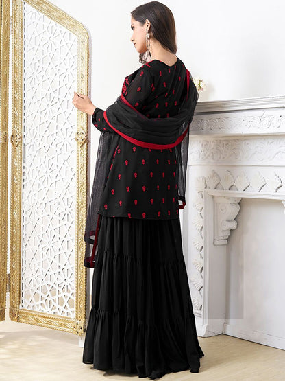 Dhiyona IN Women Floral Embroidered Regular Thread Work Kurta with Sharara & With Dupatta
