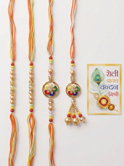 Dhiyona Set Of 4 Artificial Beads Family Pack Thread Rakhi With Roli Chawal Chandan Mishri