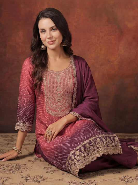 Women Bandhani Printed Regular Sequinned Kurta with Trousers & With Dupatta
