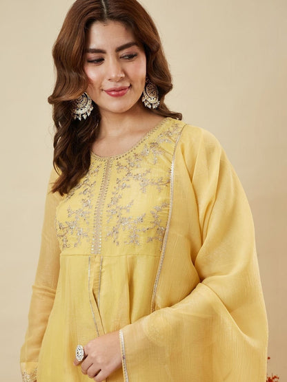 Embroidered Art Silk Round Neck Kurta & Palazzos With Dupatta