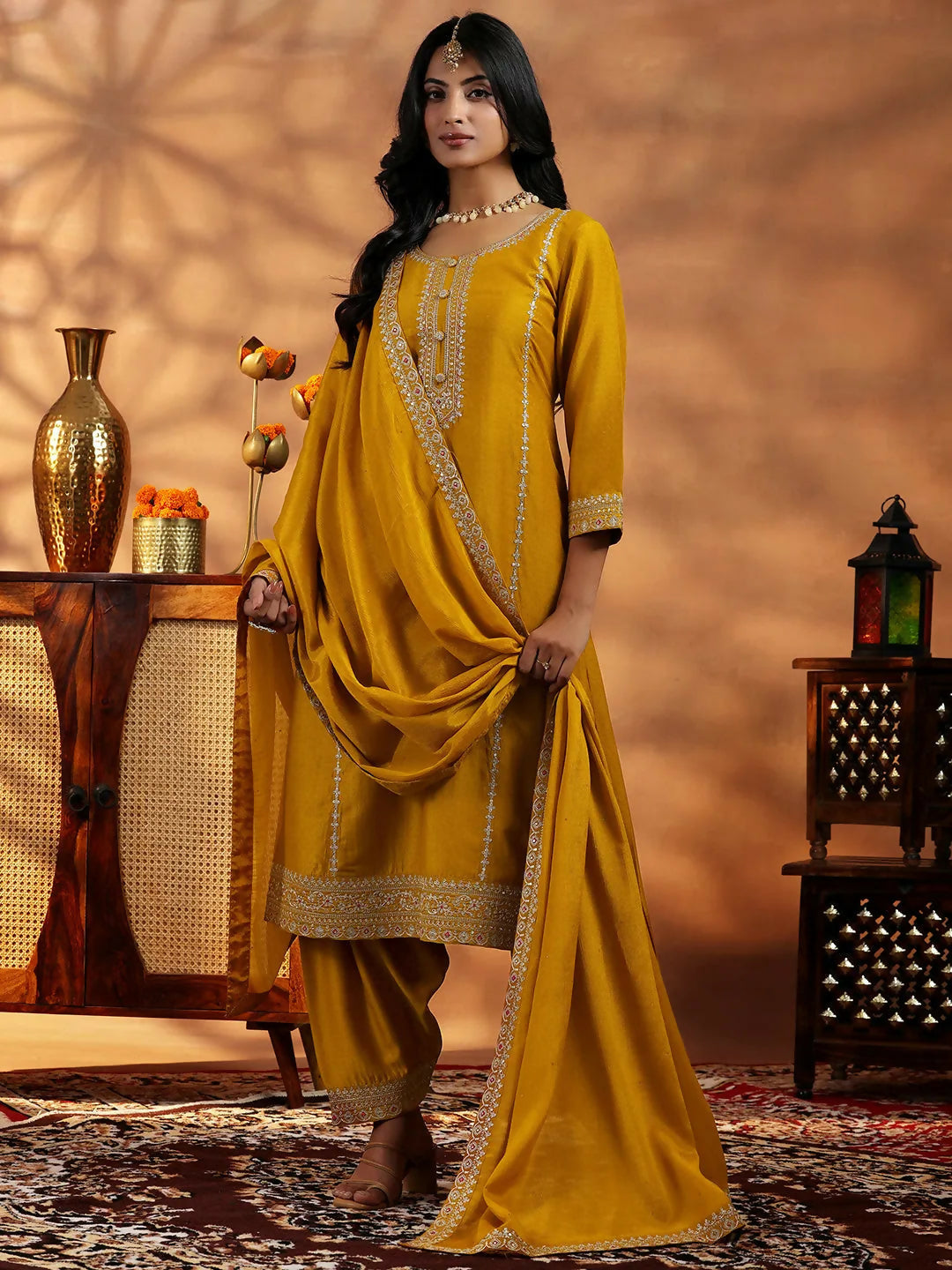 Women's LB Mustard Embroidered Silk Blend Straight Suit With Dupatta