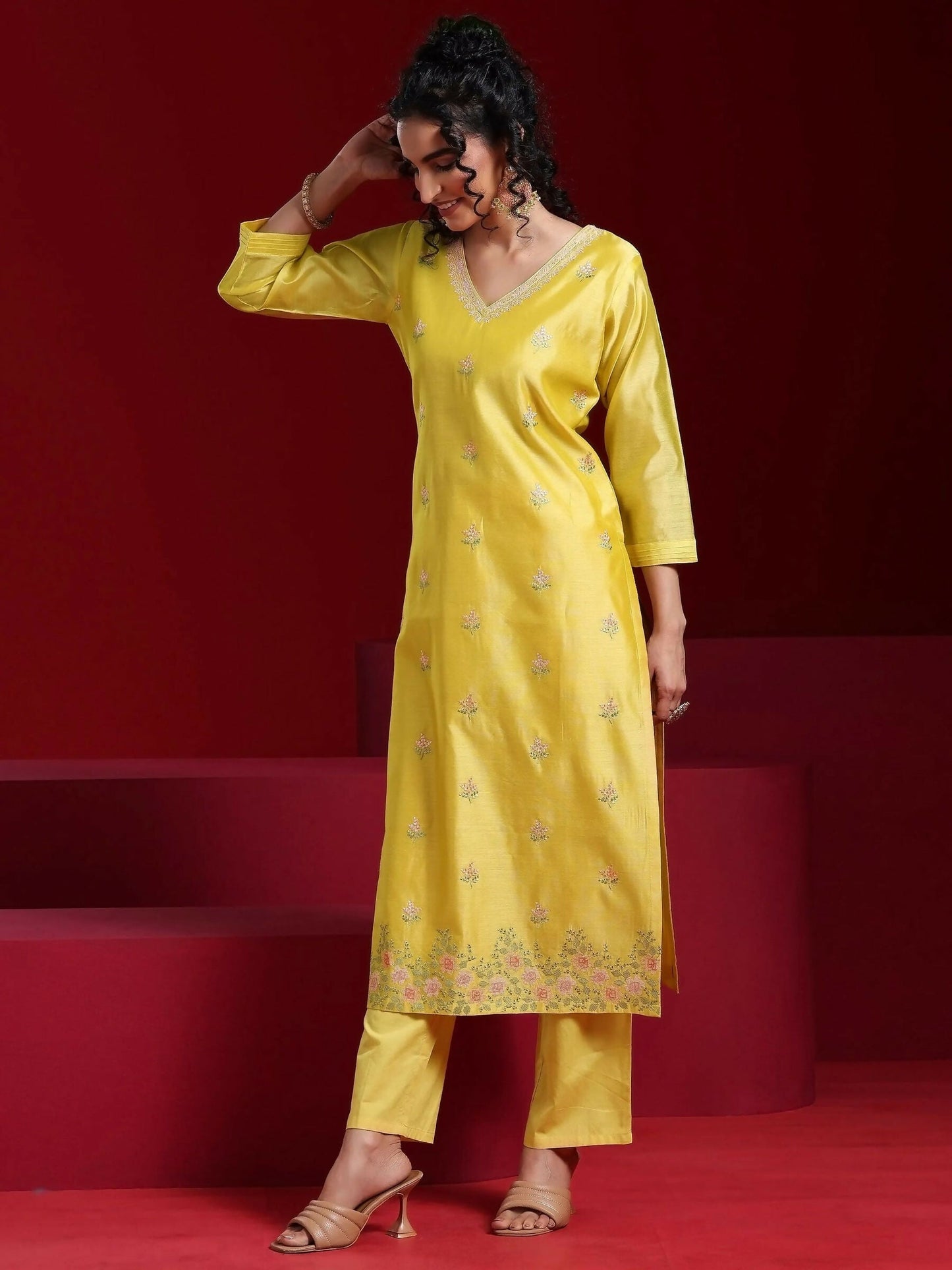 Women's LB Art Yellow Embroidered Chanderi Silk Straight Suit With Dupatta