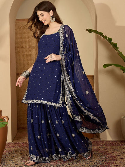 Dhiyona SN Ethnic Motifs Embroidered Regular Thread Work Kurti With Sharara & Dupatta