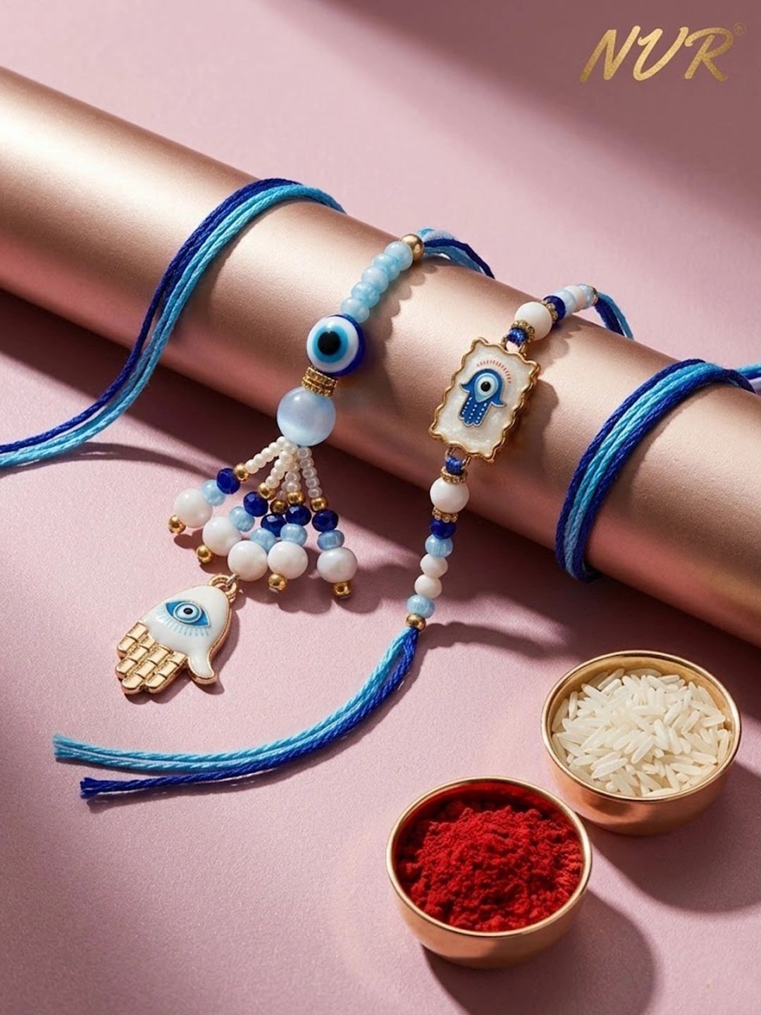 Dhiyona Set Of 2 Evil Eye Hand Design Bhaiya Bhabhi Rakhi With Roli Chawal Chandan Mishri