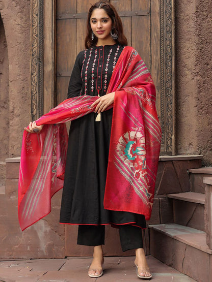 Dhiyona RR Women's Yoke Design Chanderi Cotton A-Line Kurta with Palazzos & Dupatta