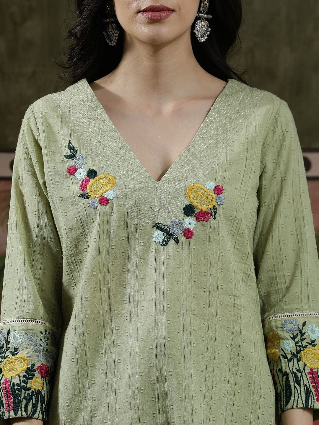Embroidered Pure Cotton V-Neck Kurta & Trousers Kurta Sets