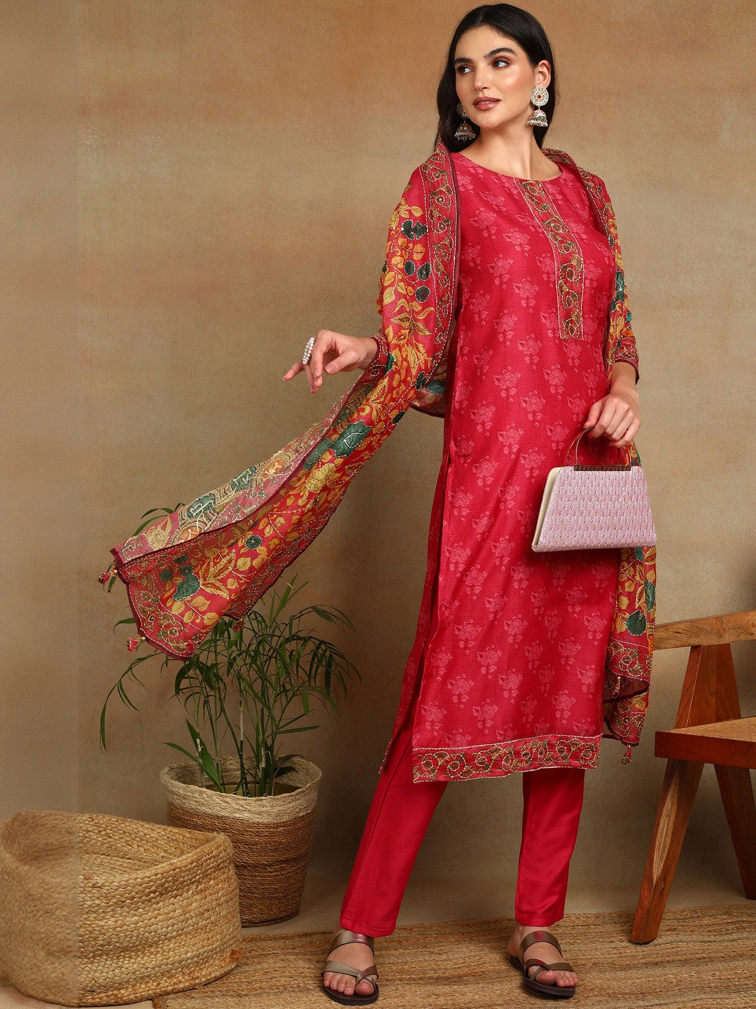 Women Ethnic Motifs Regular Sequinned Chanderi Cotton Kurta with Trousers & With Dupatta