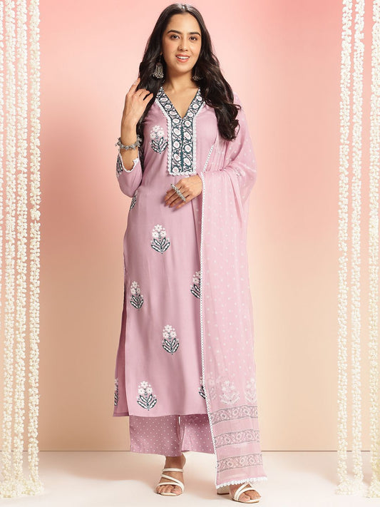 Dhiyona KL Women Floral Printed Regular Thread Work Kurta with Palazzos & With Dupatta