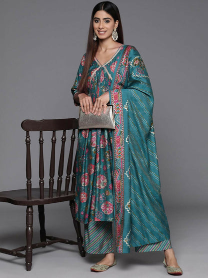 Women's LB Blue Printed Silk Blend A-Line Kurta With Palazzos & Dupatta