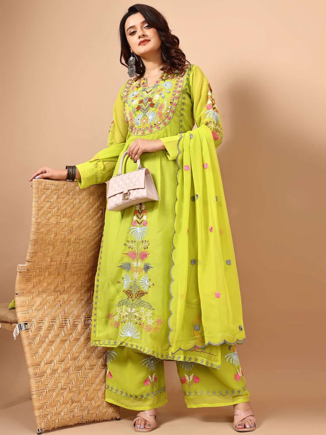 Dhiyona KL Floral Embroidered Notch Neck Georgette Straight Kurta with Palazzos & Dupatta