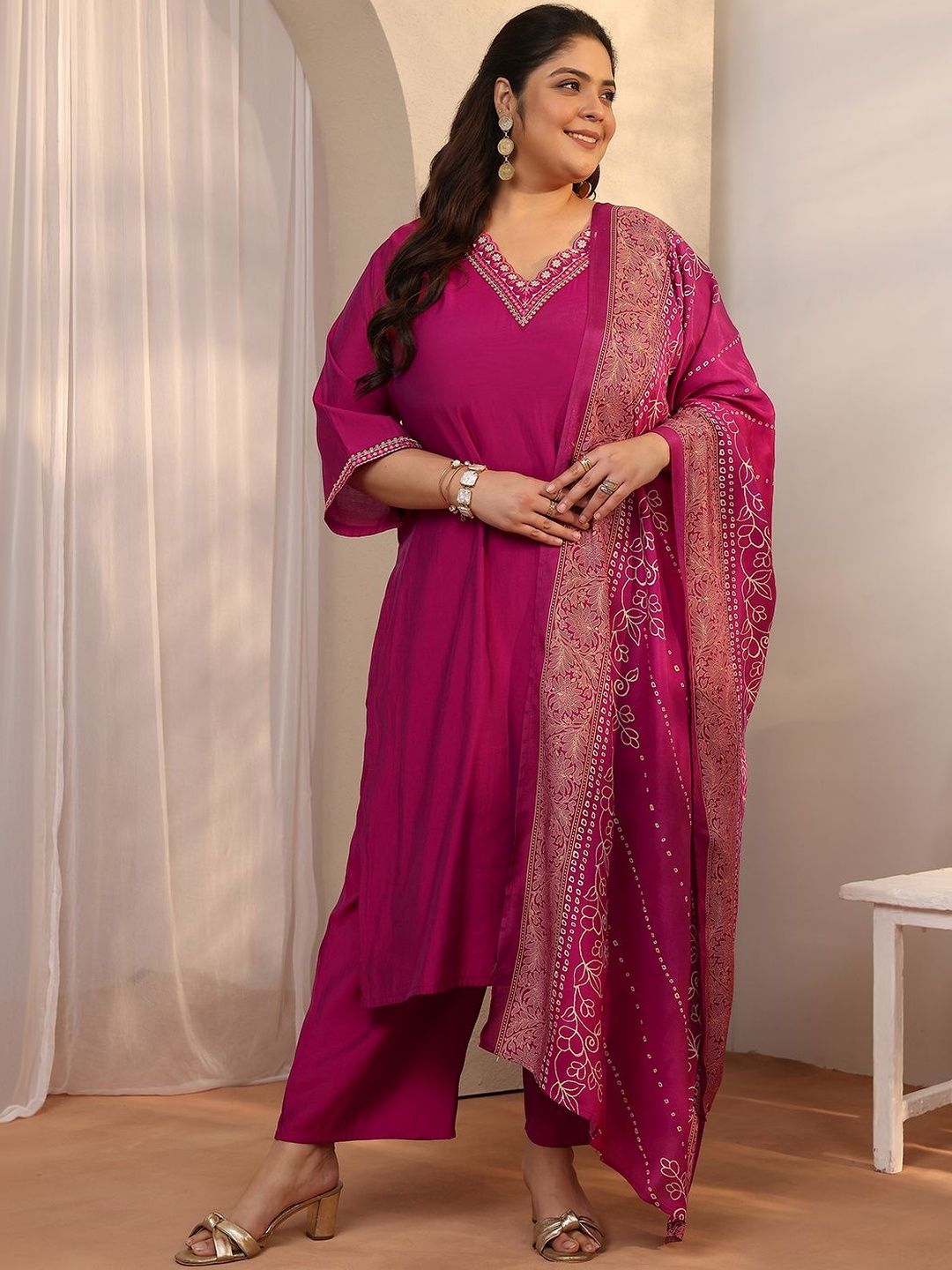 Dhiyona Women's Plus Size Ethnic Motifs Embroidered Kurta with Palazzo & Dupatta