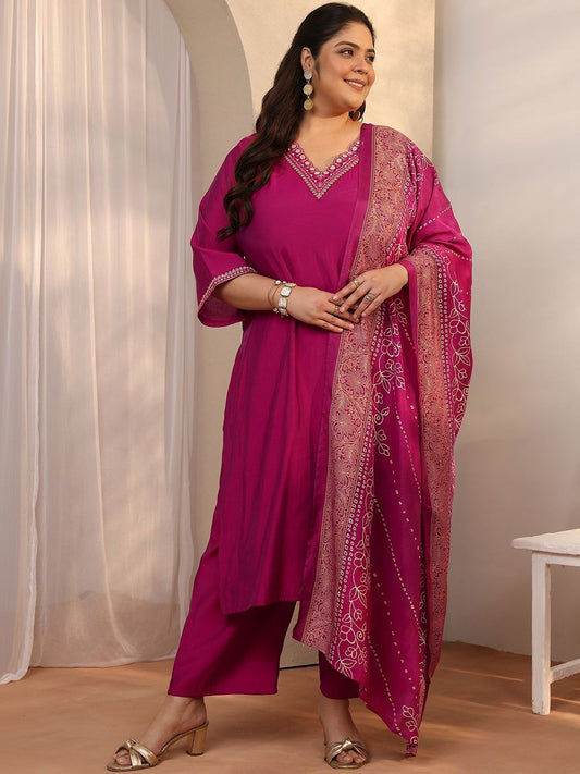Dhiyona Women's Plus Size Ethnic Motifs Embroidered Kurta with Palazzo & Dupatta