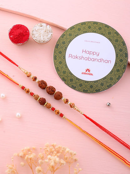 Dhiyona Set Of 2 Brown Rudaraksh-Beaded Rakhi With Roli Rice & Greeting Card