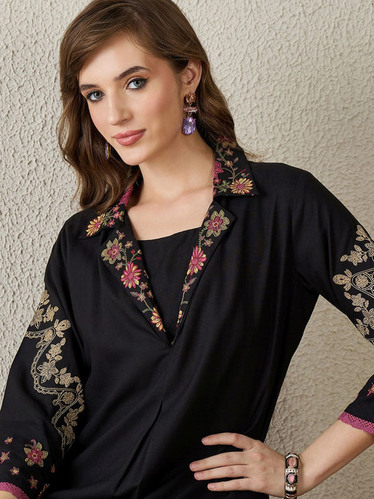 Dhiyona IE Embroidered Shirt Collar Top With Trousers