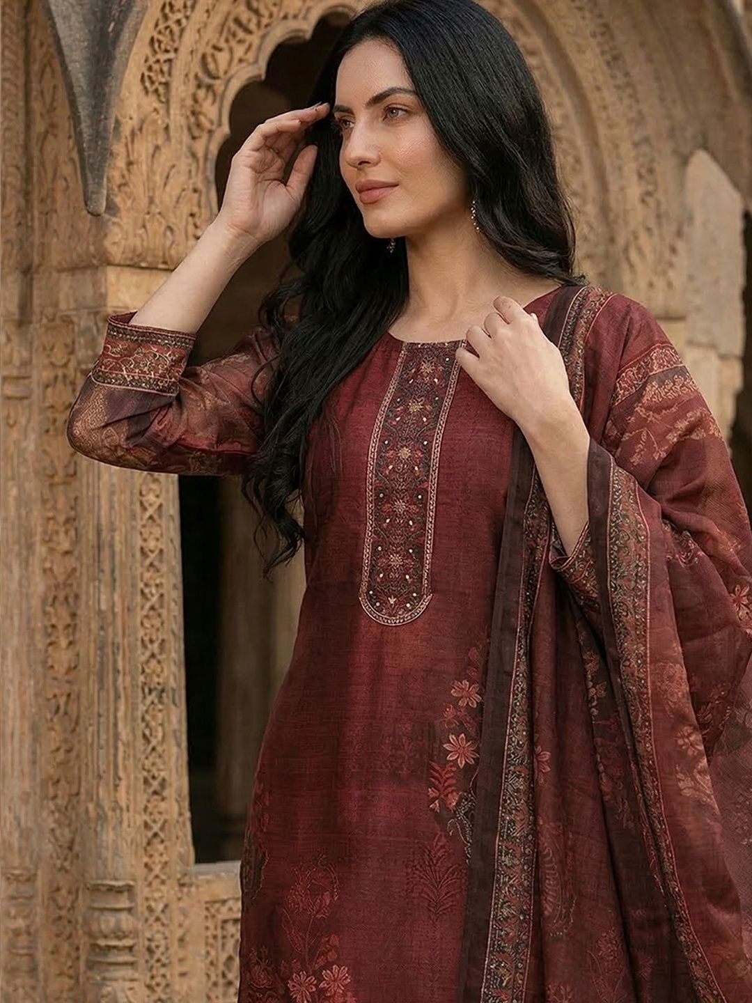 Maroon Floral Printed Sequinned Chanderi Silk Kurta With Trousers & Dupatta