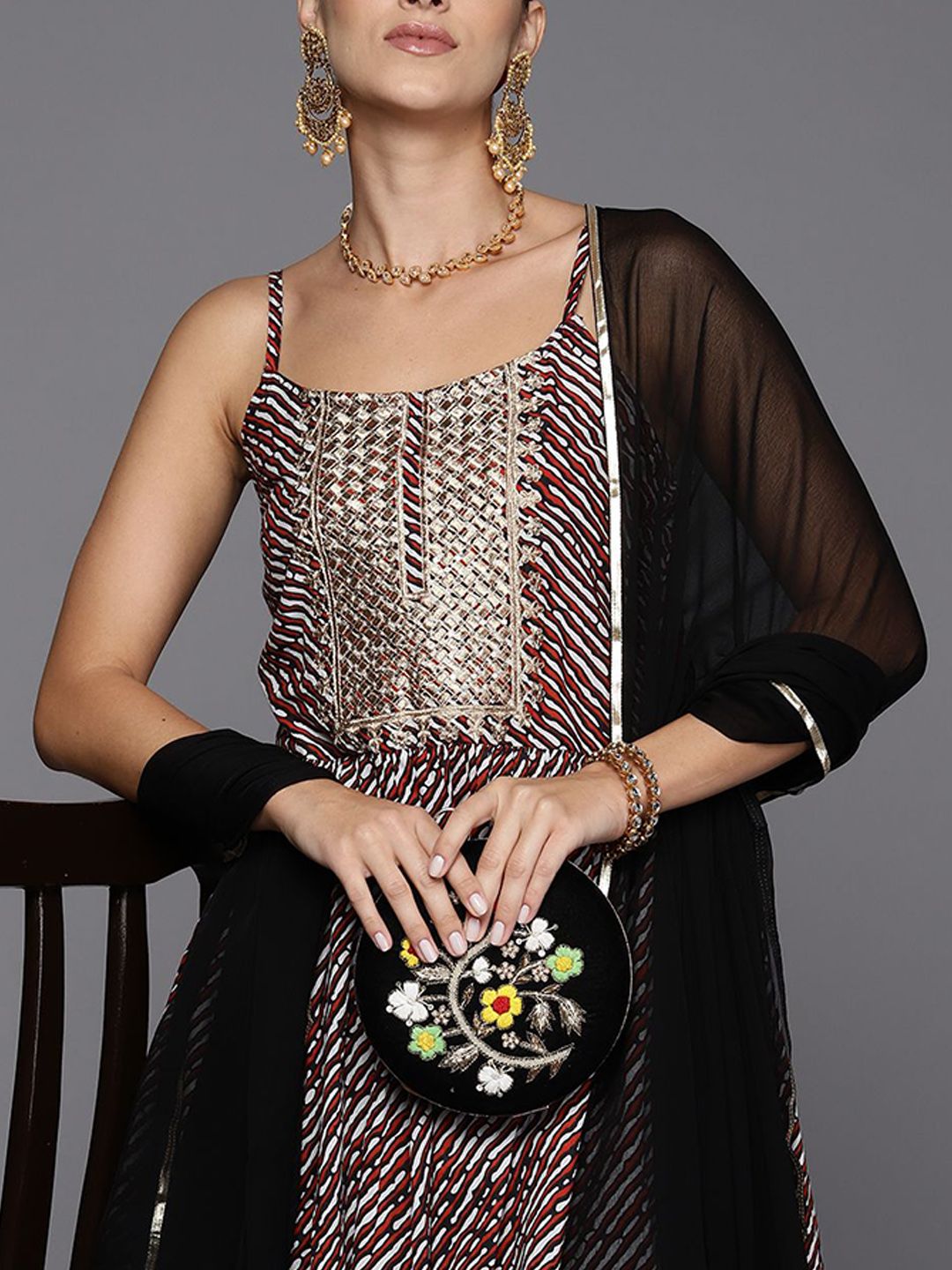 Dhiyona AN Abstract Printed Shoulder Straps Satin Kurta With Sharara & Dupatta