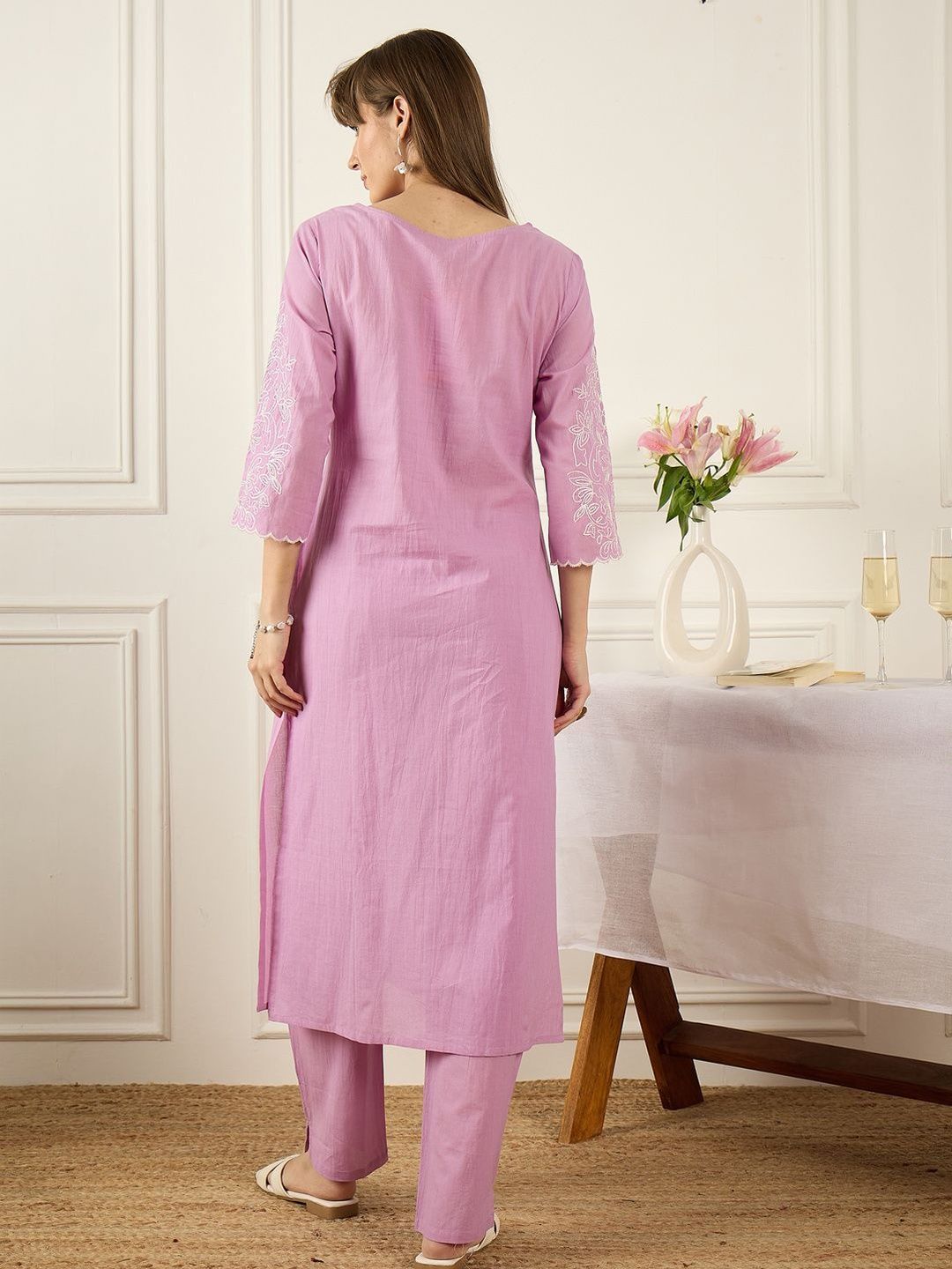 Dhiyona IE Embroidered Round Neck Three-Quarter Sleeves Pure Cotton Tunic And Trousers