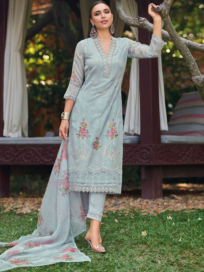 Women Floral Embroidered Regular Thread Work Kurta with Trousers & With Dupatta
