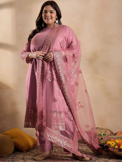 Dhiyona IN Floral Embroidered Sequinned Straight Kurta with Trouser & Dupatta