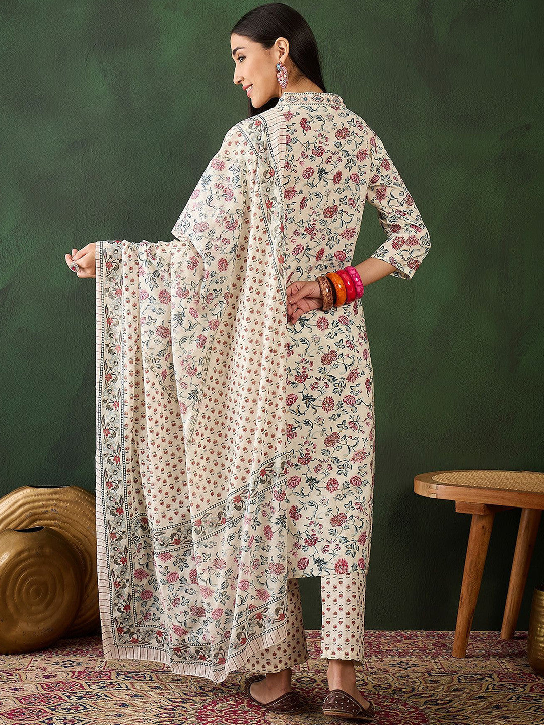 Floral Printed Mirror Work Pure Cotton Kurta & Trousers With Dupatta