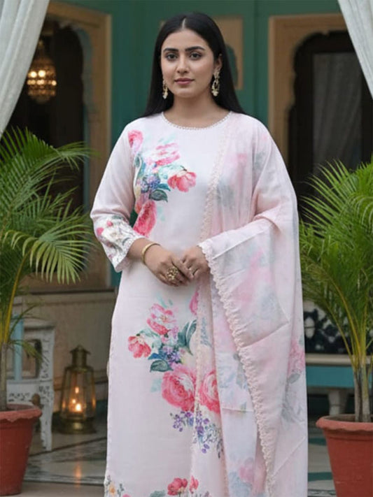 Floral Printed Linen Straight Kurta With Trousers & Dupatta