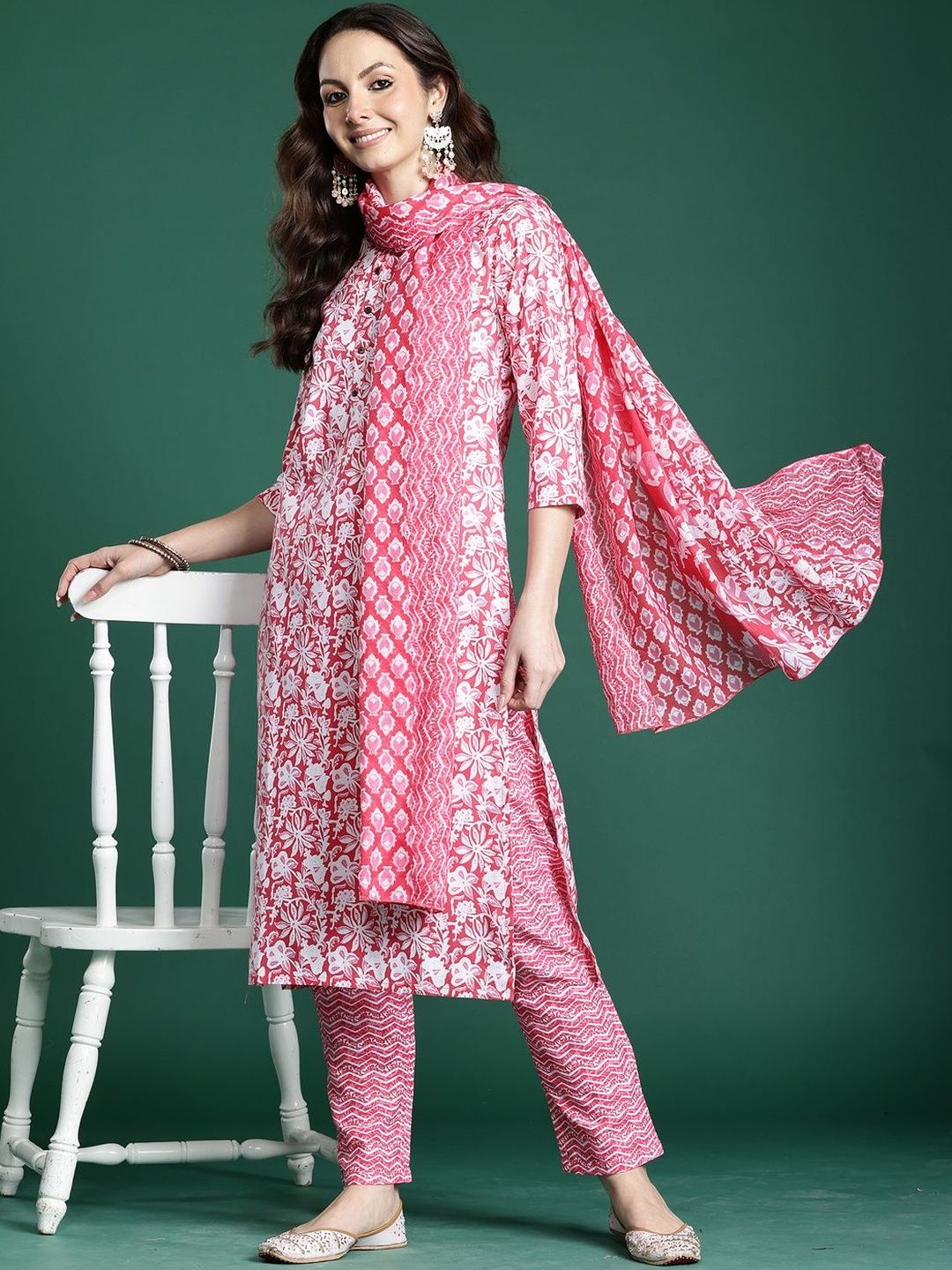 Dhiyona IE Women Ethnic Motifs Printed Regular Pure Cotton Kurta with Trousers & With Dupatta