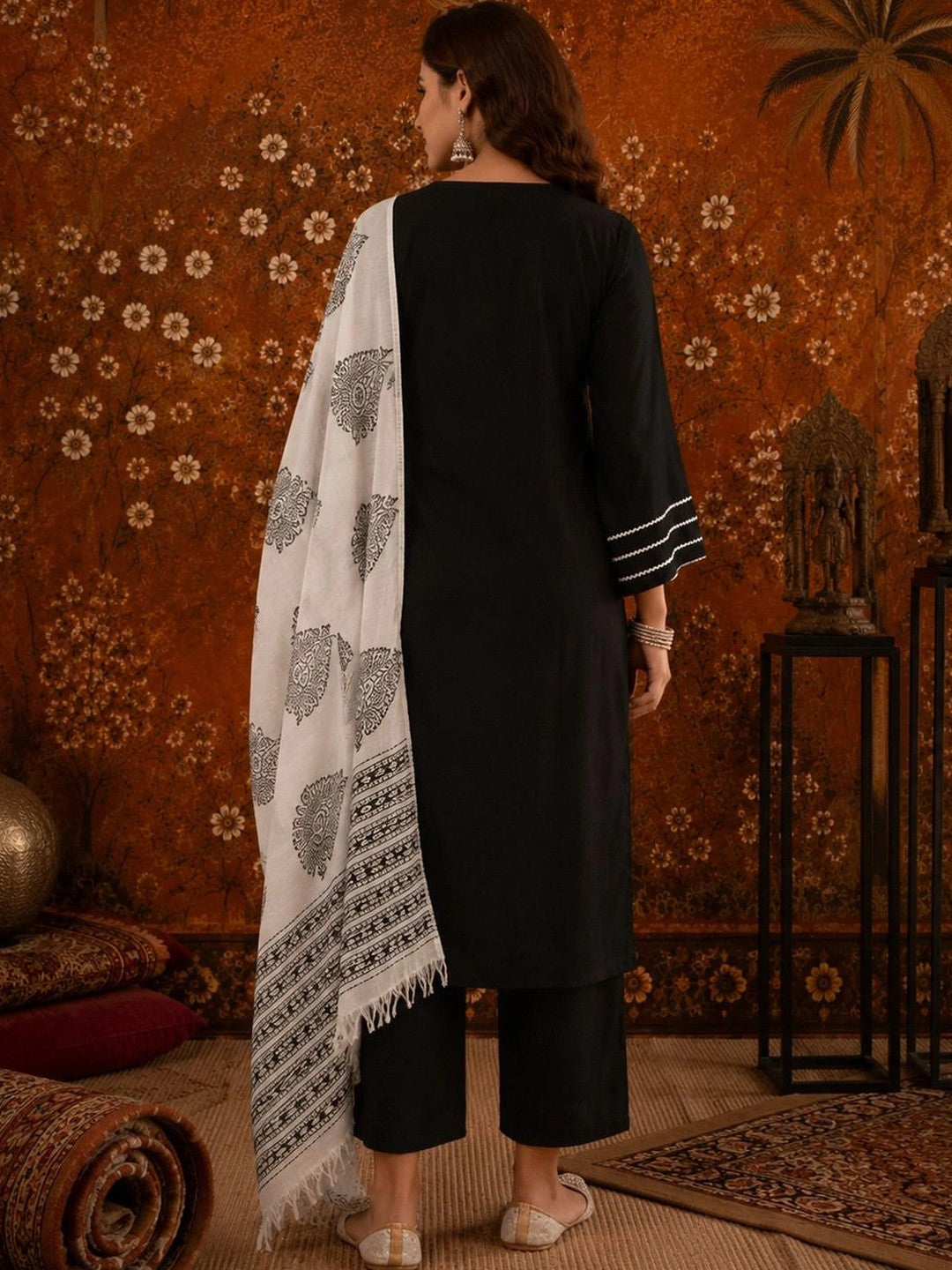 Striped Round Neck Straight Kurta With Palazzos & Dupatta