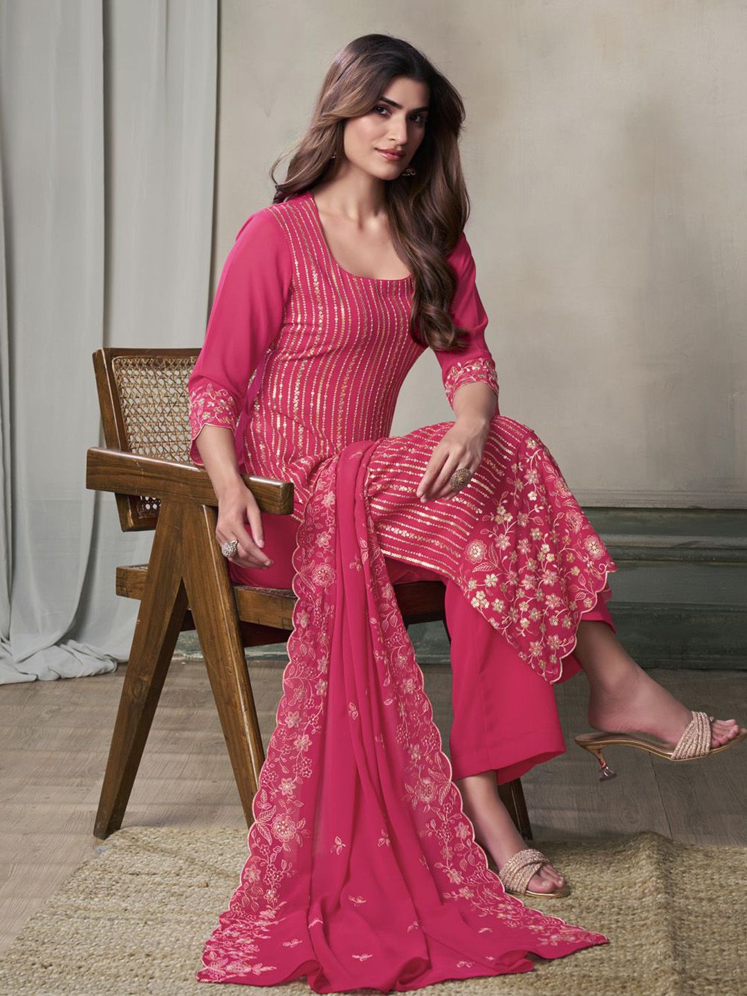 Dhiyona IN Floral Embroidered Sequinned Straight Kurta With Palazzos & Dupatta
