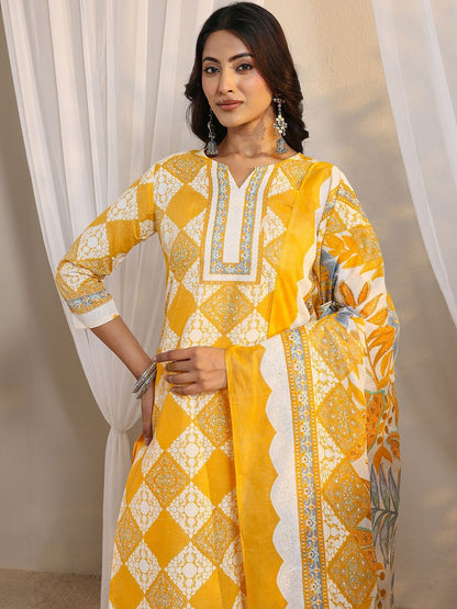 Libas Yellow Geometric Printed Straight Suit Set with Dupatta