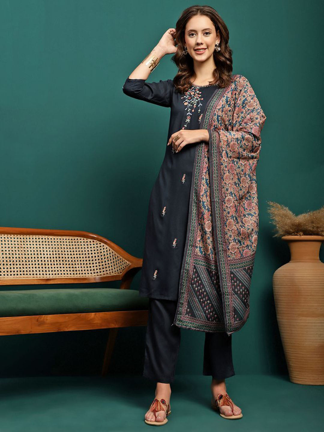 Dhiyona SN Floral Embroidered Thread Work Kurta with Trousers & Dupatta