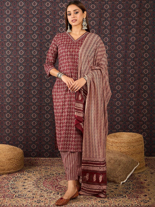 Women Ethnic Motifs Printed Regular Pure Cotton Kurta Trousers With Dupatta