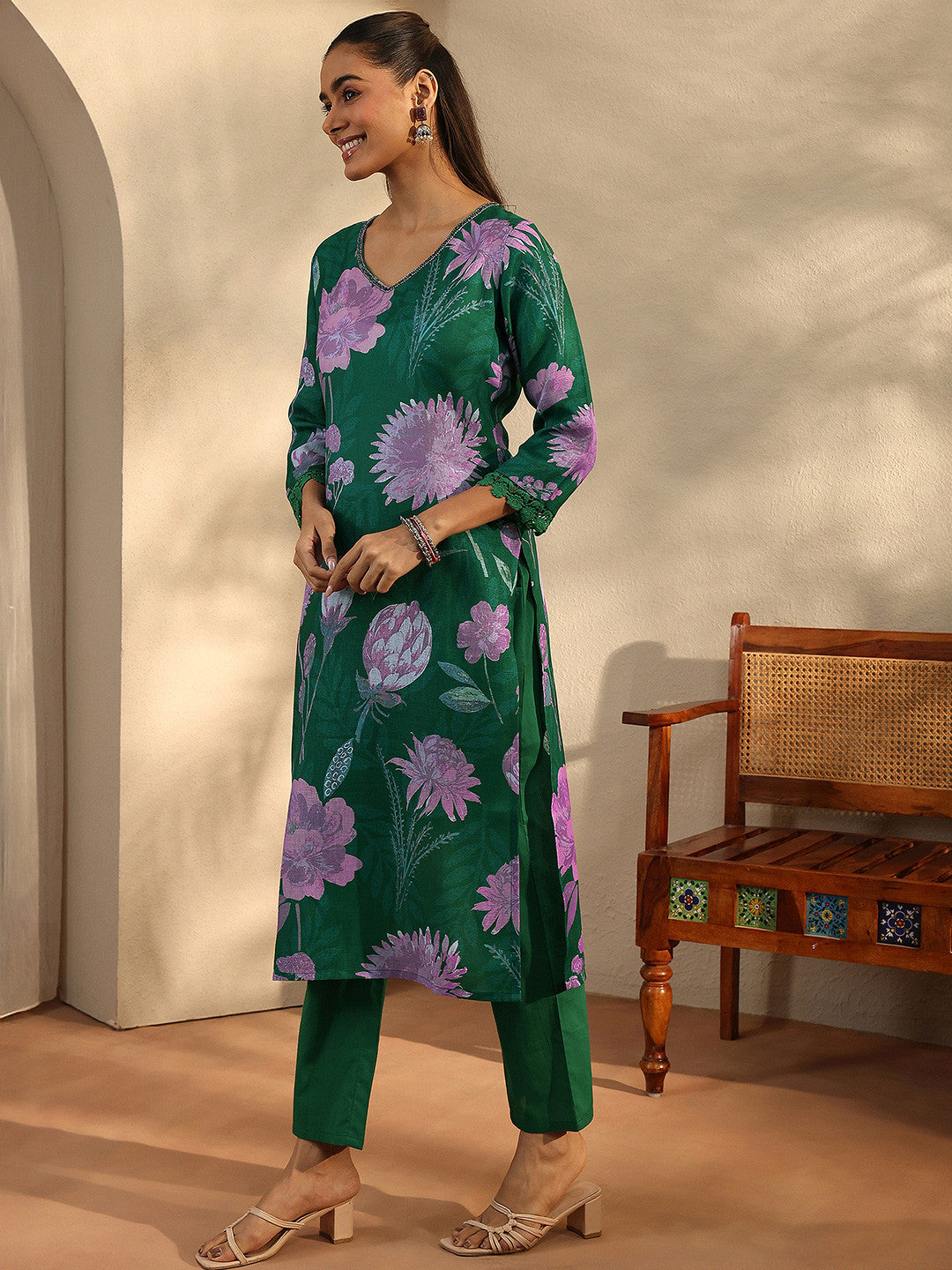 Green Printed Linen Straight Suit Set With Dupatta
