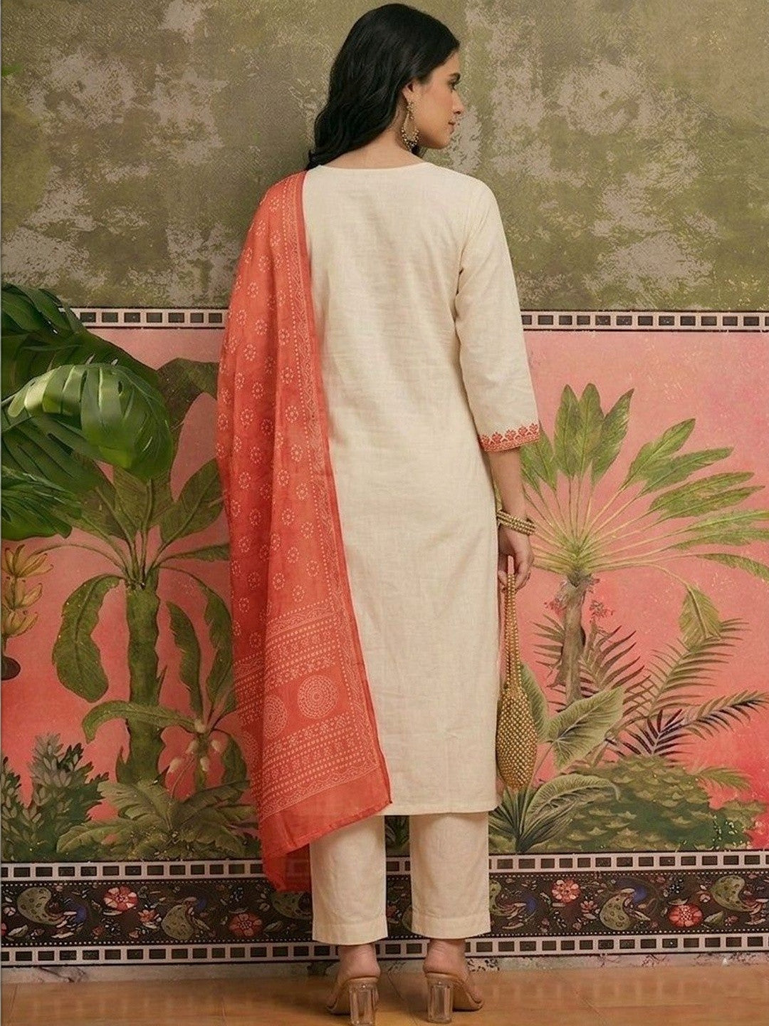 Embroidered Pure Cotton Round Neck Kurta & Trousers With Dupatta