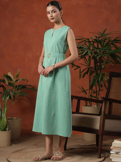 Dhiyona AY Women's Self Design Cotton Sleeveless Cotton Fit & Flare Midi Dress With Belt