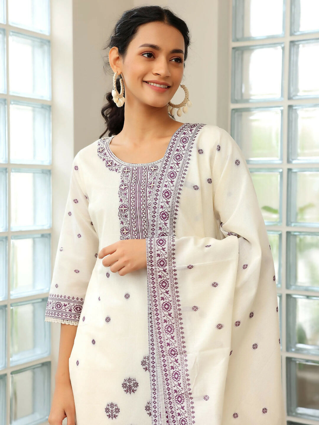 Women's LB Off White Woven Design Chanderi Silk Straight Suit With Dupatta