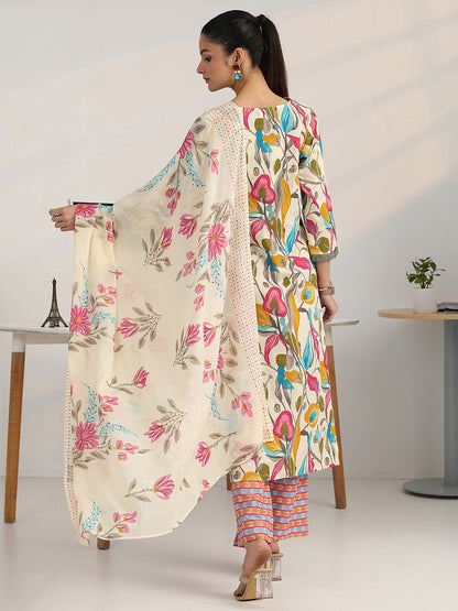 Women Floral Printed Regular Thread Work Kurta with Trousers & With Dupatta