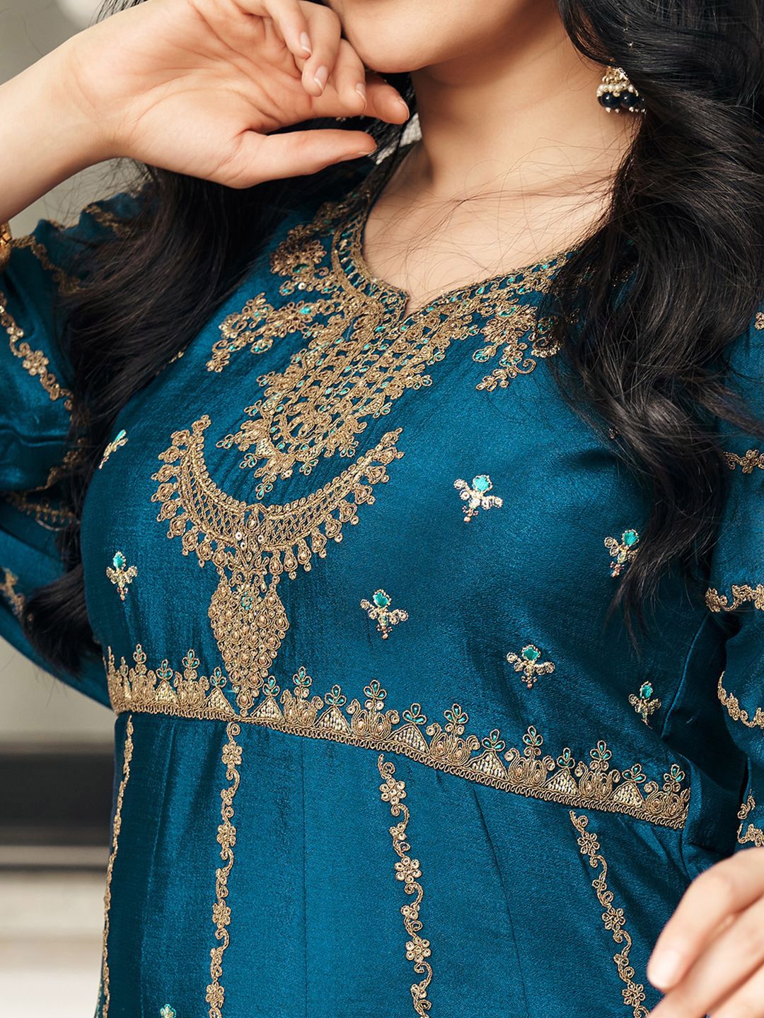 Dhiyona CH Floral Embroidered Pleated Sequinned A-Line Kurta With Trousers & Dupatta