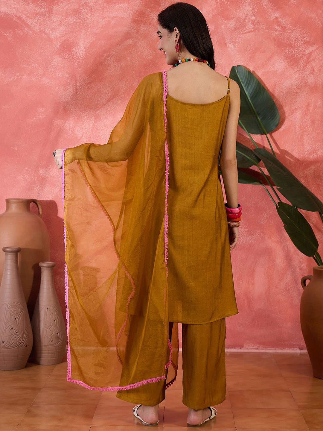 Embroidered Shoulder Straps Kurta With Trouser & Dupatta