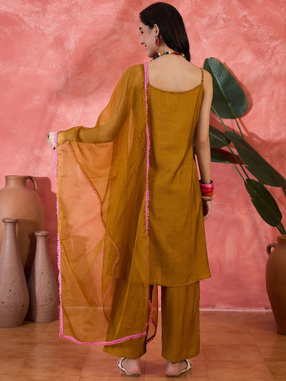 Embroidered Shoulder Straps Kurta With Trouser & Dupatta