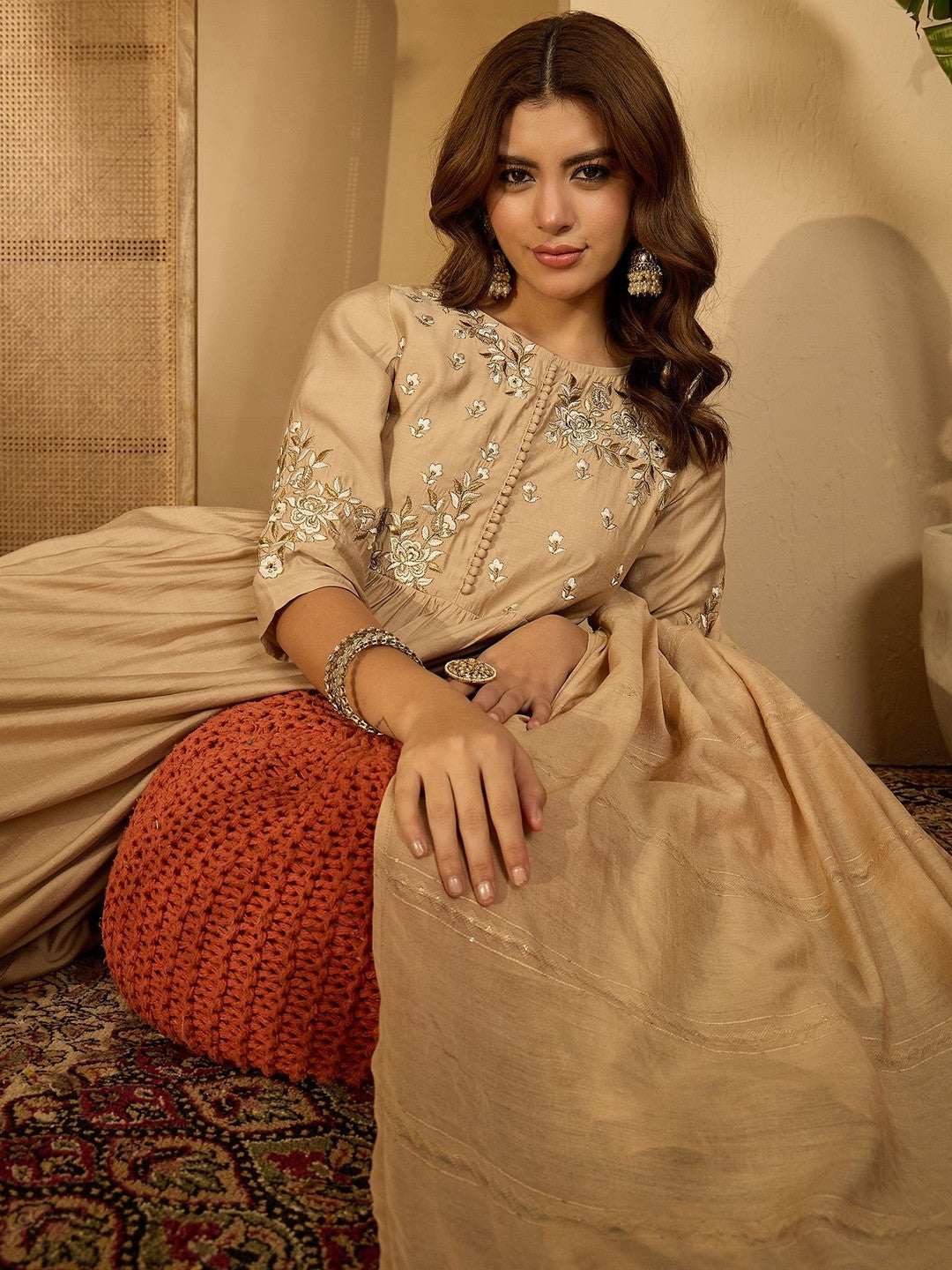 Women Beige Embroidered Kurta Sets With Dupatta