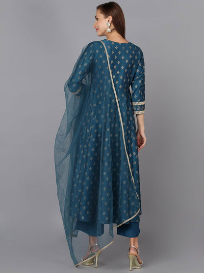 Dhiyona KL Floral Printed Round Neck Zari Anarkali Kurta & Palazzos With Dupatta