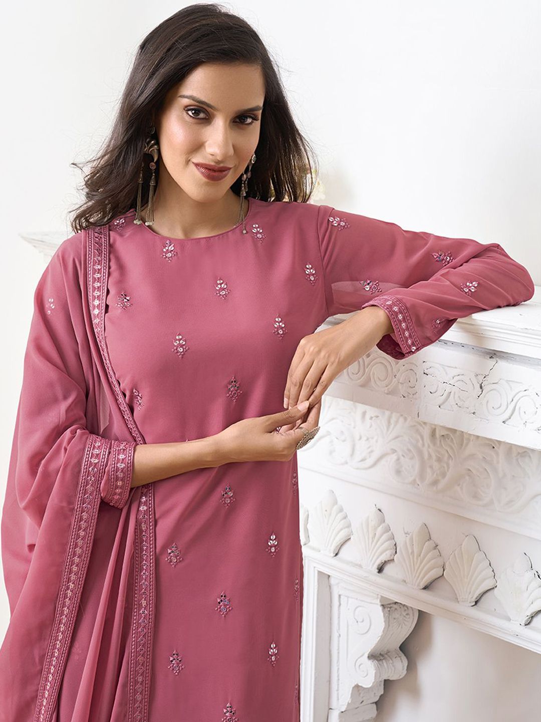 Dhiyona IN Women Ethnic Motifs Embroidered Regular Sequinned Kurta with Palazzos & With Dupatta